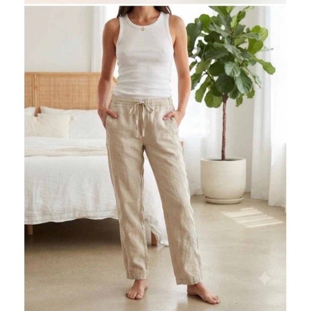 J Jill Love Linen Pants Petite Small Drawstring Waist Beige Beachy Lagenlook